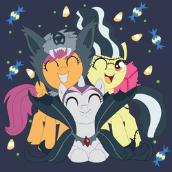 Size: 1800x1800 | Tagged: safe, artist:jadedjynx, artist:the-paper-pony, apple bloom, scootaloo, sweetie belle, earth pony, pegasus, pony, unicorn, g4, luna eclipsed, ^^, animal costume, bride of frankenstein, candy, cape, clothes, costume, cute, cutie mark crusaders, eyes closed, female, filly, foal, frankenstein's bride, frankenstein's monster, grin, gritted teeth, nightmare night, open mouth, open smile, prone, scootawolf, smiling, teeth, vampire costume, wink, wolf costume