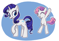 Size: 1024x709 | Tagged: safe, artist:kittenkraze, rarity, sweetie belle, pony, g4, bipedal, eyes closed, sisters