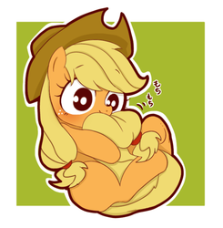 Size: 636x648 | Tagged: safe, artist:うめぐる, applejack, earth pony, pony, g4, blushing, cowboy hat, cute, female, hat, jackabetes, japanese, mare, nom, silly, silly pony, solo, stetson, tail hug, weapons-grade cute, who's a silly pony