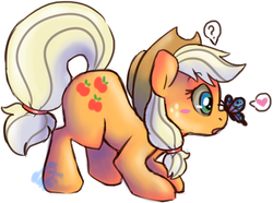 Size: 500x372 | Tagged: safe, artist:questionablepanda, applejack, butterfly, earth pony, pony, g4, crouching, female, heart, insect on nose, question mark, simple background, solo