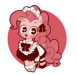 Size: 773x754 | Tagged: dead source, safe, artist:うめぐる, pinkie pie, earth pony, pony, g4, abstract background, blushing, circle background, clothes, cute, diapinkes, dress, female, looking at you, maid, open mouth, puffy sleeves, solo