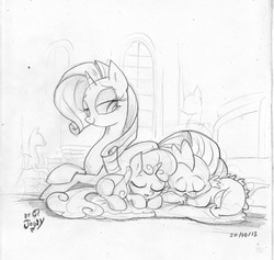 Size: 2485x2355 | Tagged: safe, artist:jowyb, rarity, spike, sweetie belle, dragon, pony, unicorn, g4, cute, monochrome, prone