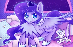 Size: 1545x1000 | Tagged: safe, artist:steveholt, princess luna, g4, bed, female, plushie, preening, solo