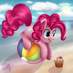 Size: 2000x2000 | Tagged: safe, artist:ogniva, pinkie pie, g4, ball, beach, beach ball, cake, female, solo