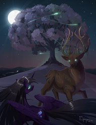 Size: 781x1023 | Tagged: dead source, safe, artist:jackjacko-eponymous, oc, oc only, alicorn, deer, firefly (insect), pony, alicorn oc, dark, glowing eyes, moon, night, runes, spread wings, stag, tree