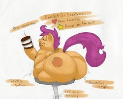 Size: 1280x1034 | Tagged: safe, artist:arkveveen, artist:bigmint, scootaloo, pony, g4, butt, cutie mark, eating, fat, female, impossibly large butt, jiggle, messy eating, morbidly obese, obese, plot, scootalard, solo