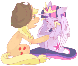 Size: 738x627 | Tagged: safe, artist:stevetwisp, applejack, twilight sparkle, alicorn, pony, g4, comforting, female, mare, sitting, twilight sparkle (alicorn)