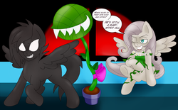 Size: 2657x1649 | Tagged: safe, artist:blackbewhite2k7, fluttershy, oc, oc:manic moon, pegasus, pony, g4, batman, carnivorous plant, commission, crossover, discorded, flutterbitch, grin, one eye closed, parody, poison ivy, poison ivyshy, sharp teeth, smiling, sweat, sweatdrops, teeth