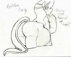 Size: 1280x1030 | Tagged: safe, artist:shelved_oddities, nightmare rarity, g4, butt, fat, female, monochrome, morbidly obese, nightmare raritubby, obese, plot, solo, traditional art