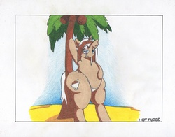 Size: 1280x1002 | Tagged: safe, artist:zacharyisaacs, oc, oc only, oc:hot fudge, bedroom eyes, coconut, coconut tree, fat, island, looking at you, obese, palm tree, solo, tree