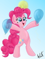 Size: 642x842 | Tagged: safe, artist:autumn-dreamscape, pinkie pie, earth pony, pony, g4, balloon, bipedal, female, solo