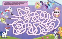 Size: 2240x1400 | Tagged: safe, applejack, fluttershy, periwinkle pace, rainbow dash, rapid rush, rarity, shining armor, toastie, twilight sparkle, alicorn, crystal pony, pony, g4, official, spoiler:book, female, long jump, mare, maze, race, twilight sparkle (alicorn), winning style