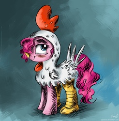 Size: 4920x5000 | Tagged: safe, artist:pponyoo, pinkie pie, g4, absurd resolution, animal costume, chicken pie, chicken suit, clothes, costume, female, solo