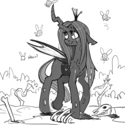 Size: 800x800 | Tagged: safe, artist:kevinsano, queen chrysalis, changeling, changeling queen, parasprite, g4, bone, cute, cutealis, dead, female, grayscale, horse skull, monochrome, simple background, sketch, skull, solo, white background