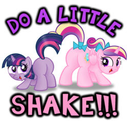 Size: 1280x1215 | Tagged: safe, artist:aleximusprime, princess cadance, twilight sparkle, g4, bow, butt, butt shake, cute, cutedance, filly, hair bow, happy, looking back, lovebutt, open mouth, plot, plot pair, simple background, smiling, sunshine sunshine, tail, tail bow, teen princess cadance, transparent background