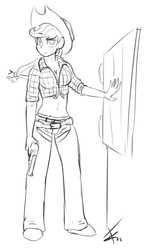 Size: 1185x1882 | Tagged: safe, artist:crade, applejack, human, g4, belly button, clothes, door, female, front knot midriff, grayscale, gun, humanized, lineart, midriff, monochrome, pants, solo, weapon, western