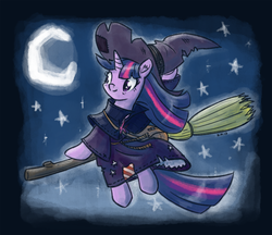 Size: 1100x951 | Tagged: safe, artist:king-kakapo, twilight sparkle, ambiguous race, pony, g4, broom, clothes, crescent moon, cute, female, flying, flying broomstick, hat, moon, night, night sky, sitting, smiling, solo, stars, twiabetes, witch, witch hat