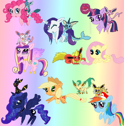 Size: 1024x1039 | Tagged: safe, artist:princessofdestiny114, applejack, fluttershy, pinkie pie, princess cadance, princess luna, rainbow dash, rarity, twilight sparkle, espeon, flareon, jolteon, leafeon, sylveon, umbreon, vaporeon, g4, crossover, eeveelutions, mane six, pokémon, pokémon x and y