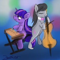 Size: 894x894 | Tagged: safe, artist:zonalar, octavia melody, twilight sparkle, g4, cello, female, musical instrument, xylophone