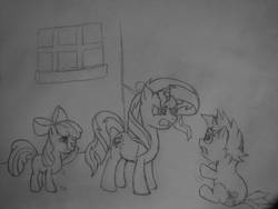 Size: 3264x2448 | Tagged: safe, artist:pakarido, apple bloom, snips, sunset shimmer, earth pony, pony, g4, crying, grayscale, monochrome, pencil drawing, traditional art