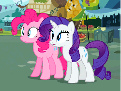 Size: 638x484 | Tagged: safe, screencap, pinkie pie, rarity, earth pony, pony, unicorn, g4, putting your hoof down, animated, burying, facehoof, female, head pat, pat