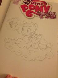 Size: 1024x1365 | Tagged: safe, artist:katie cook, derpy hooves, pegasus, pony, g4, cloud, female, logo, mare, muffin, solo, thought bubble, tongue out, traditional art