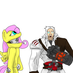 Size: 894x894 | Tagged: safe, artist:cjvselinmortal, fluttershy, g4, assassin's creed, clothes, costume, crossover, darksiders, ezio auditore, fluttershy suit, god of war, halloween, kratos, pony costume, war