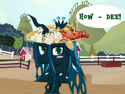 Size: 1032x774 | Tagged: source needed, safe, artist:slippytheweasel, queen chrysalis, changeling, changeling queen, g4, applefarm, blushing, famous quote, female, fence, grand ol opry, hat, hee haw, howdy, minnie pearl, price tag, solo, tv show