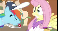 Size: 913x487 | Tagged: safe, screencap, fluttershy, rainbow dash, g4, hurricane fluttershy, bathrobe, blowing, blowing whistle, clothes, coach rainbow dash, hat, hub logo, hubble, lowres, needs more jpeg, puffy cheeks, rainbow dashs coaching whistle, robe, scared, shocked, whistle