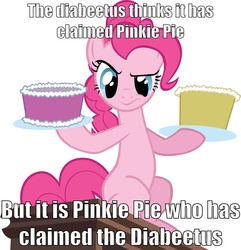 Size: 2196x2276 | Tagged: safe, pinkie pie, fanfic:bittersweet, rainbow dash presents, g4, cake, cute, diabetes, female, image macro, solo, text, vector