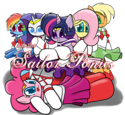 Size: 800x735 | Tagged: safe, artist:sailormod, applejack, fluttershy, pinkie pie, rainbow dash, rarity, twilight sparkle, g4, mane six, sailor kindness, sailor laughter, sailor loyalty, sailor magic, sailor moon (series), sailor ponies, simple background, transparent background