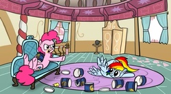 Size: 958x530 | Tagged: safe, artist:fimflamfilosophy, pinkie pie, rainbow dash, fanfic:bittersweet, rainbow dash presents, g4, broken window, cartoon physics, comfort eating, cute, dashabetes, diabetes, digestion without weight gain, frown, glare, hammerspace, hammerspace belly, ice cream, implied stuffing, landing, legs in air, on back, on side, open mouth, smiling, spread wings, sugarcube corner, suicide, underhoof