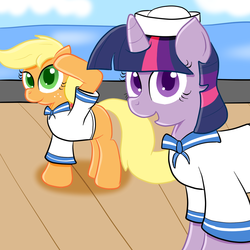 Size: 1000x1000 | Tagged: safe, artist:sailormod, applejack, twilight sparkle, g4, blonde, boat, clothes, hat, hatless, missing accessory, ocean, sailor ponies, sailor uniform, salute