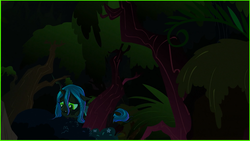 Size: 800x450 | Tagged: safe, artist:alexmakovsky, artist:slippytheweasel, queen chrysalis, nymph, g4, alone, dark, everfree forest, female, night, princess chrysalis, scared, solo