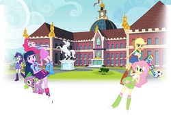 Size: 1696x1168 | Tagged: safe, applejack, fluttershy, pinkie pie, rainbow dash, rarity, spike, twilight sparkle, alicorn, dog, equestria girls, g4, official, ball, building, canterlot high, football, hasbro, mane seven, mane six, out of context, spike the dog, statue, twilight sparkle (alicorn), wat