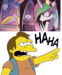 Size: 1000x1209 | Tagged: safe, idw, nightmare moon, princess celestia, g4, context is for the weak, laughing, male, nelson muntz, the simpsons