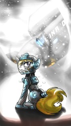 Size: 1400x2488 | Tagged: safe, artist:whitepone, oc, oc only, oc:lumina, pony, unicorn, fanfic:awakening, awakening, fanfic art, frown, gritted teeth, sitting, snow, snowfall, solo, spaceship, spacesuit, wreckage