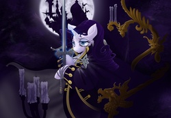 Size: 1539x1067 | Tagged: safe, artist:foolyguy, discord, rarity, g4, alucard, candle, canterlot, castlevania, clothes, cosplay, moon, night, parody, sword, video game, weapon