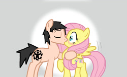 Size: 1304x797 | Tagged: safe, artist:ceehoff, fluttershy, oc, oc:connor, pegasus, pony, g4, canon x oc, equestria's first human, female, gradient background, kiss on the lips, kissing, male, mare, ponified, shipping, straight, wingboner