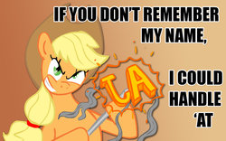 Size: 1024x640 | Tagged: safe, artist:hotdog, applejack, g4, branding iron, female, femdom, image macro, rapeface, solo