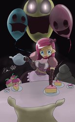 Size: 700x1140 | Tagged: safe, artist:kei-waza, madame leflour, mr. turnip, pinkie pie, rocky, human, g4, party of one, balloon, female, humanized, pinkamena diane pie, scene interpretation, solo