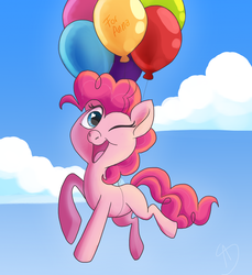 Size: 1024x1116 | Tagged: safe, artist:loryska, pinkie pie, g4, balloon, blank flank, female, flying, solo, then watch her balloons lift her up to the sky