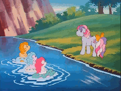 Size: 718x540 | Tagged: safe, screencap, sea rider, sea shower, sun shower, sweet stuff, sea pony, twinkle eyed pony, g1, my little pony 'n friends, sweet stuff and the treasure hunt, animated, floaty, horses doing horse things, river, tail flick, tree