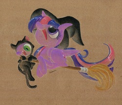 Size: 933x805 | Tagged: safe, artist:getchanoodlewet, spike, twilight sparkle, alicorn, cat, pony, g4, broom, clothes, costume, female, flying, flying broomstick, hat, looking down, looking up, mare, open mouth, smiling, traditional art, twilight sparkle (alicorn), witch, witch hat