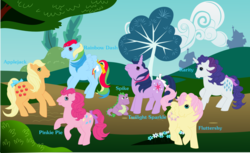 Size: 1024x628 | Tagged: safe, artist:kaylathehedgehog, applejack (g1), fluttershy, pinkie pie, rainbow dash, rarity, twilight sparkle, g1, g4, mane six