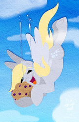 Size: 400x618 | Tagged: safe, artist:bunnimation, derpy hooves, pegasus, pony, g4, crying, eyes closed, falling, female, muffin, sky, smiling, solo, tears of joy