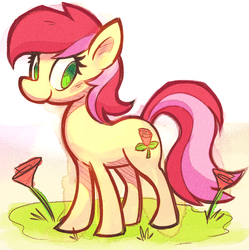 Size: 870x874 | Tagged: safe, artist:mister-markers, roseluck, earth pony, pony, g4, cute, female, flower, grass, looking back, mare, rosabetes, rose, solo, traditional art