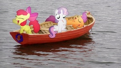 Size: 1920x1080 | Tagged: safe, artist:mr-kennedy92, apple bloom, scootaloo, sweetie belle, g4, boat, cutie mark crusaders, irl, lake, logo, photo, ponies in real life, vector