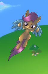 Size: 1100x1700 | Tagged: safe, artist:dzmaylon, apple bloom, applejack, rainbow dash, rarity, scootaloo, sweetie belle, g4, artificial wings, augmented, cutie mark crusaders, flying, mechanical wing, scootaloo can fly, strapon wings, tree, vertigo, wings