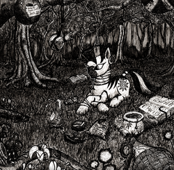 Size: 1607x1572 | Tagged: safe, artist:konsumo, zecora, zebra, g4, black and white, book, bottle, everfree forest, female, forest, grayscale, honey, monochrome, poison joke, potion, scroll, solo, traditional art